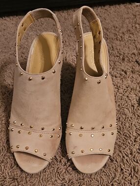 Michael Kors Beige Suede Studded Peep-Toe Mules